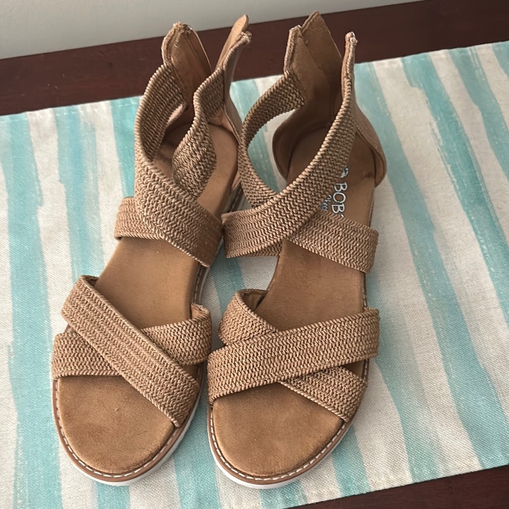 BOBS from Skechers Tan Woven Strappy Wedge Sandals